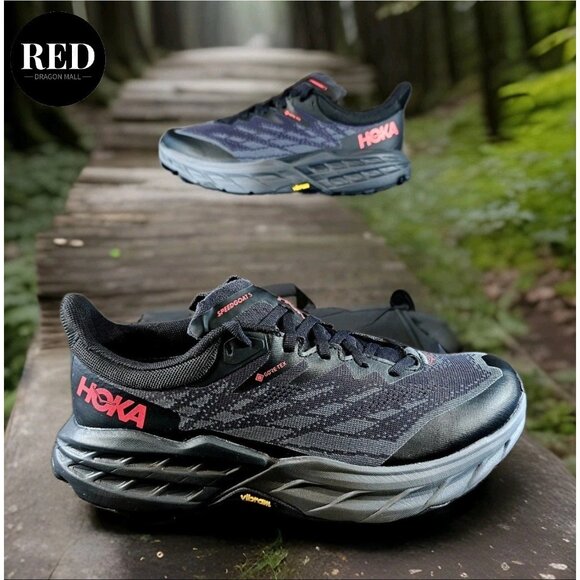 Hoka Speedgoat 5 Spike GORE-TEX Trail Running Shoes Black Pink Vibram - Sz 8.5 - Picture 1 of 14